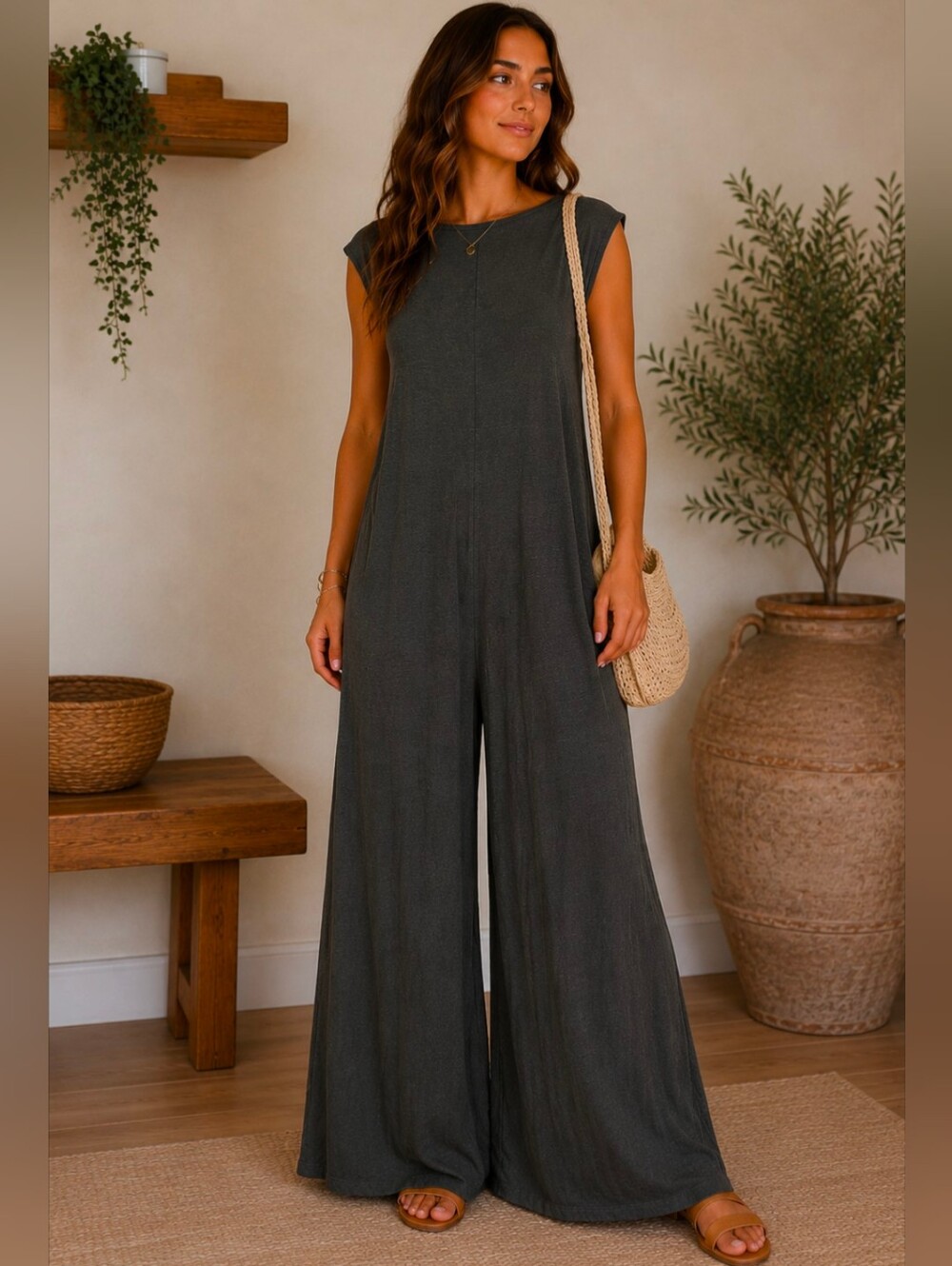 Natural Life Earthy Lagenlook Soft Knit Wide-Leg Slouchy Jumpsuit